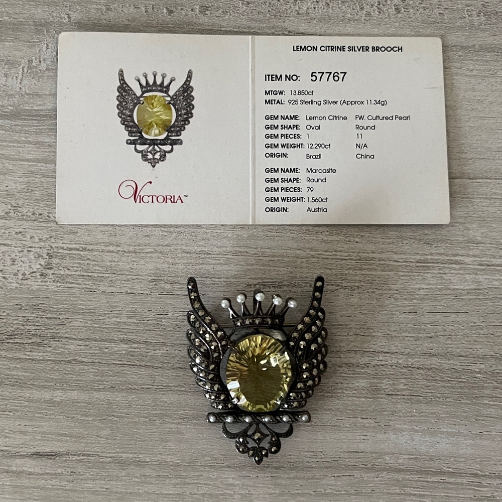Lemon Citrine Marcasite and Pearl Sterling Silver Brooch - Picture 3 of 8